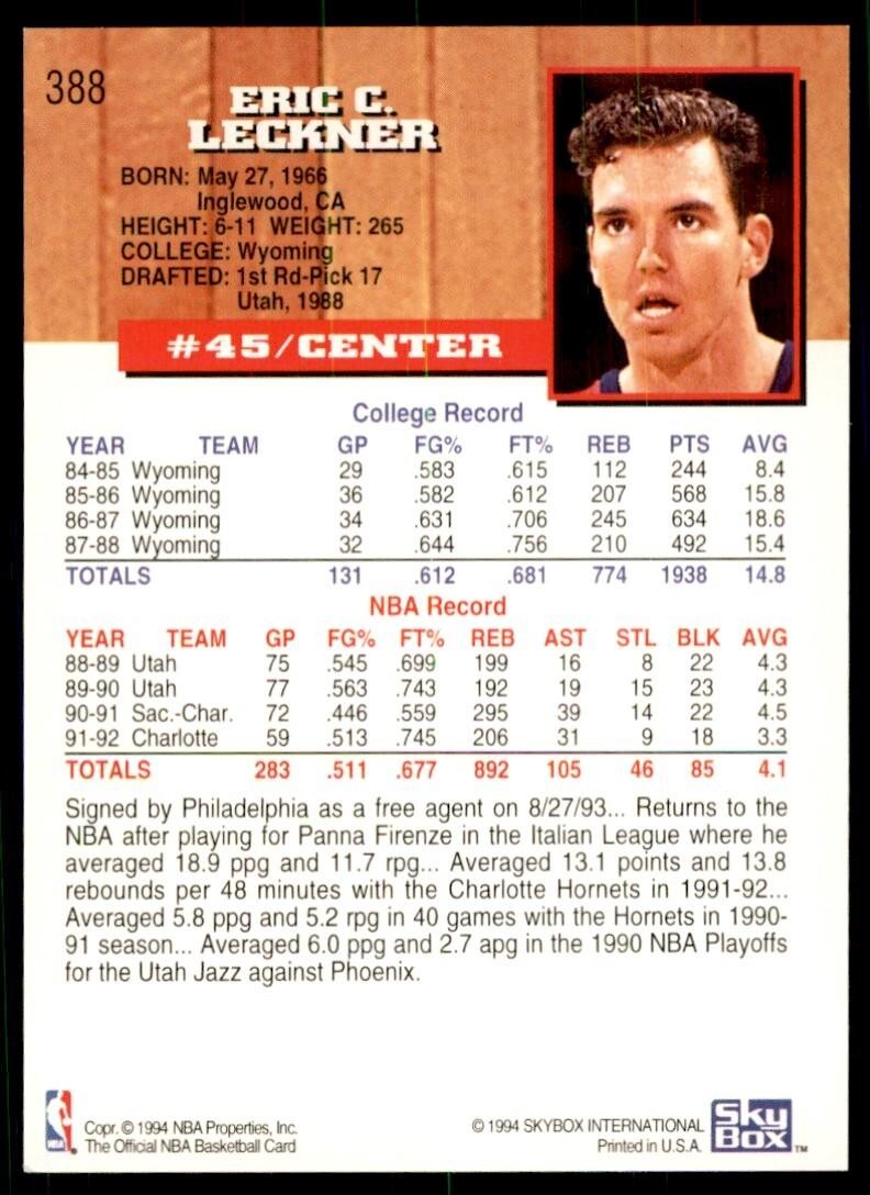 1993-94 NBA Hoops Eric Leckner C Basketball Cards. #388
