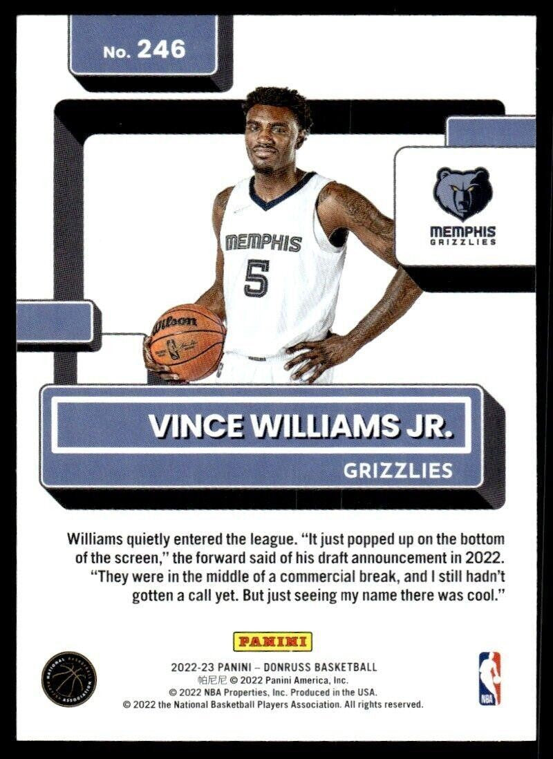 2022-23 Donruss Basketball Card Vince Williams Jr. Rookie Memphis Grizzlies #246