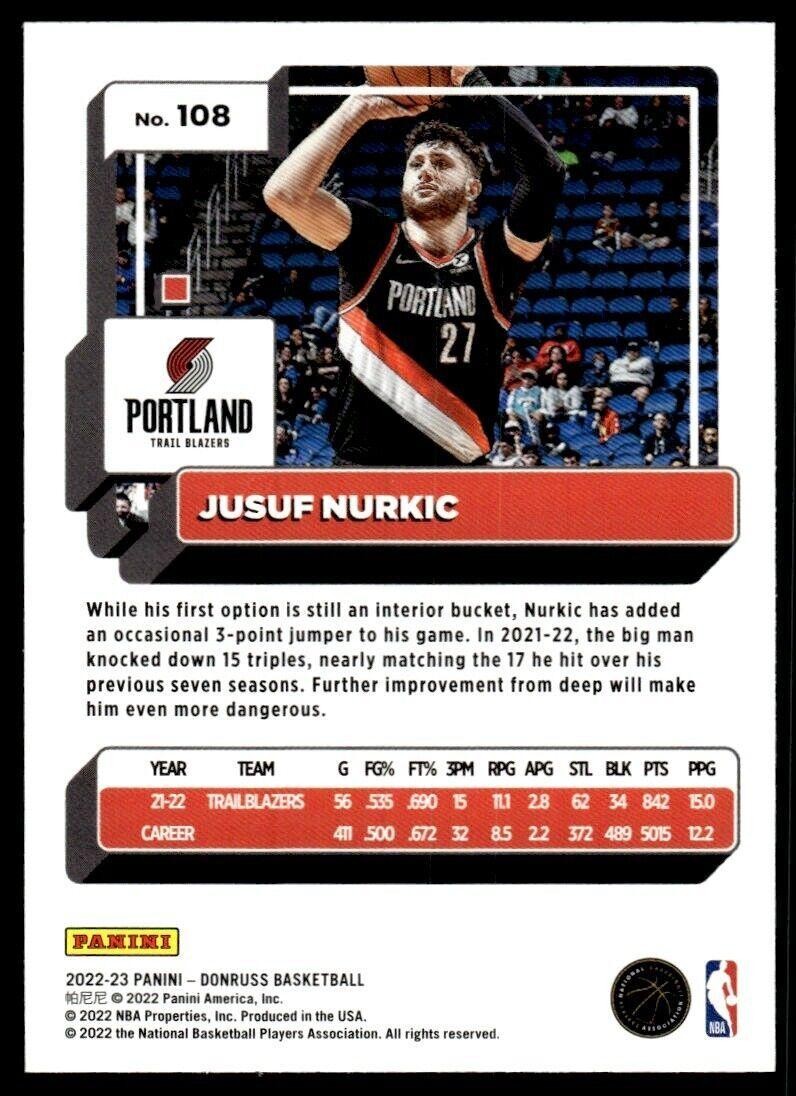 2022-23 Donruss Basketball Card Jusuf Nurkic Portland Trail Blazers #108