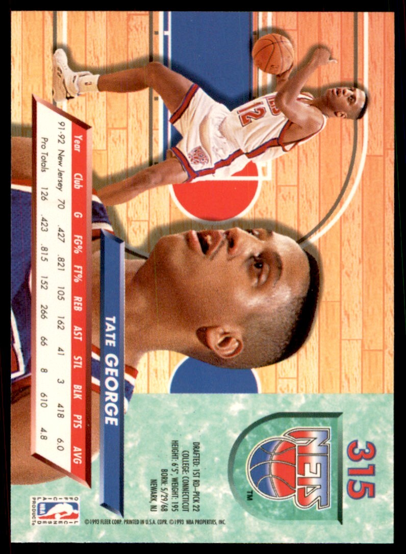 1992-93 Fleer Ultra. Tate George A Basketball Cards #315