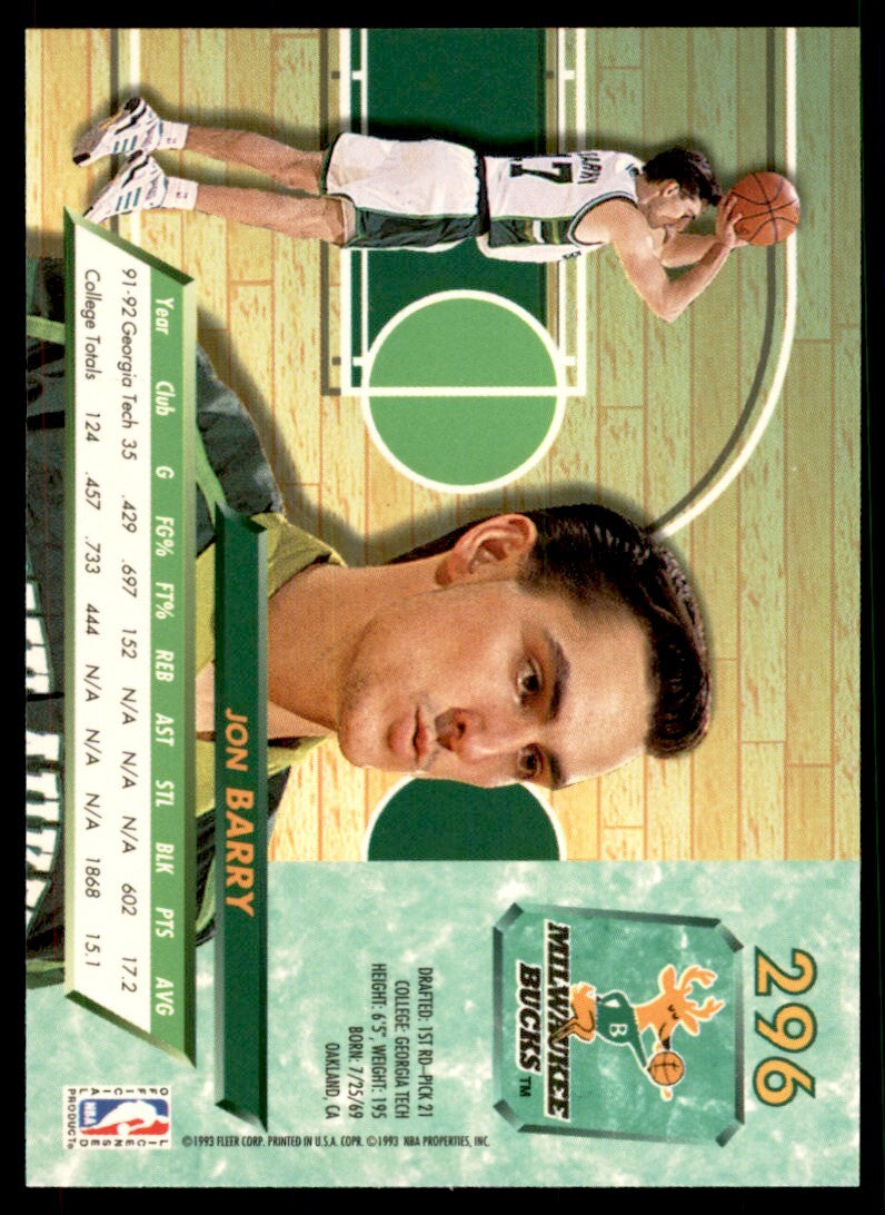1992-93 Fleer Ultra. Jon Barry Rookie Basketball Cards #296