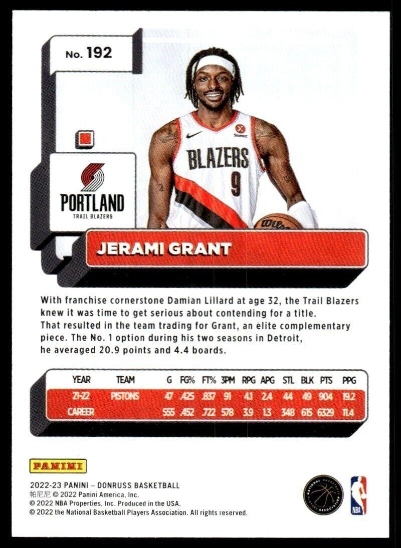 2022-23 Donruss Basketball Card Jerami Grant Portland Trail Blazers #192