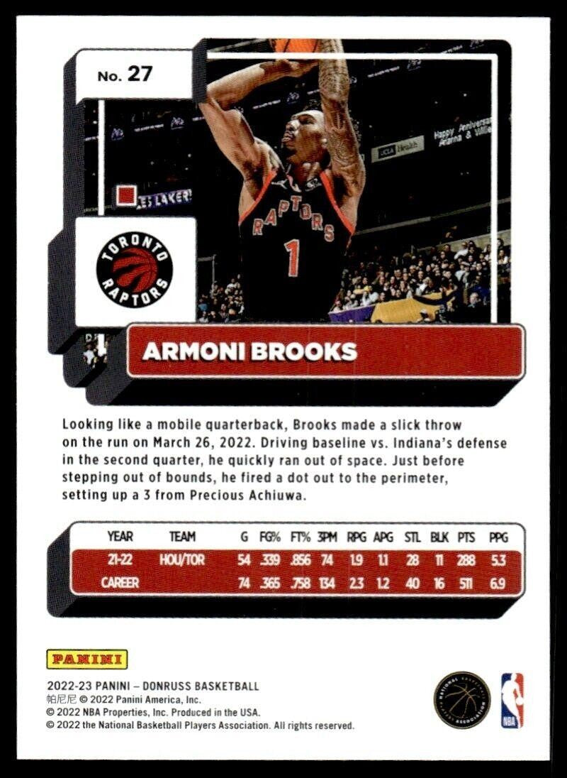 2022-23 Donruss Basketball Card Armoni Brooks Toronto Raptors #27