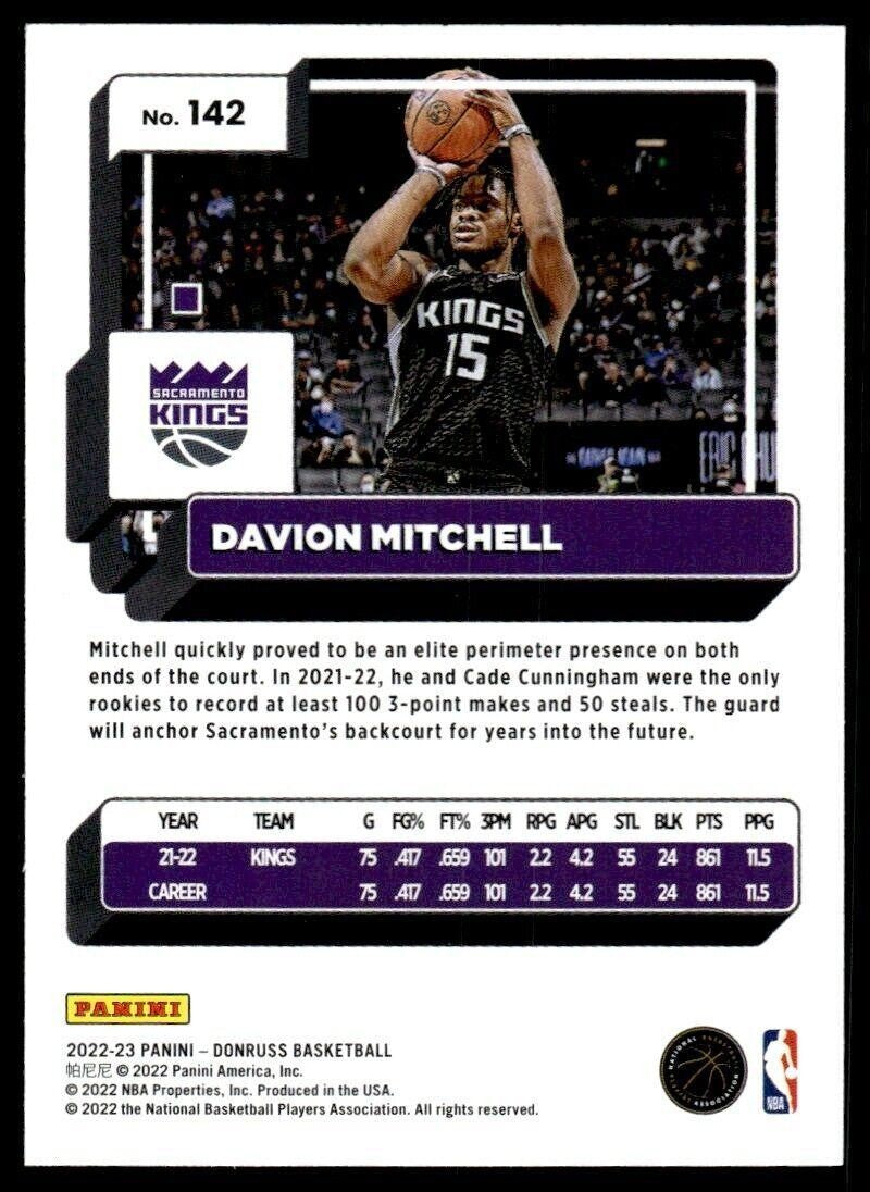 2022-23 Donruss Basketball Card Davion Mitchell Sacramento Kings #142