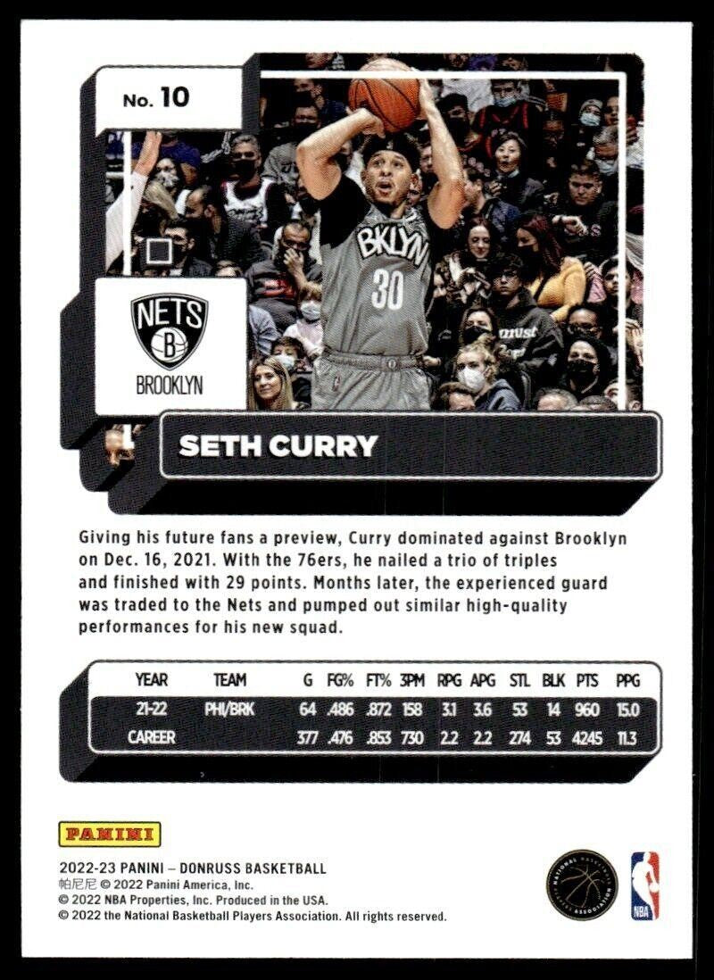 2022-23 Donruss Basketball Card Seth Curry A Brooklyn Nets #10