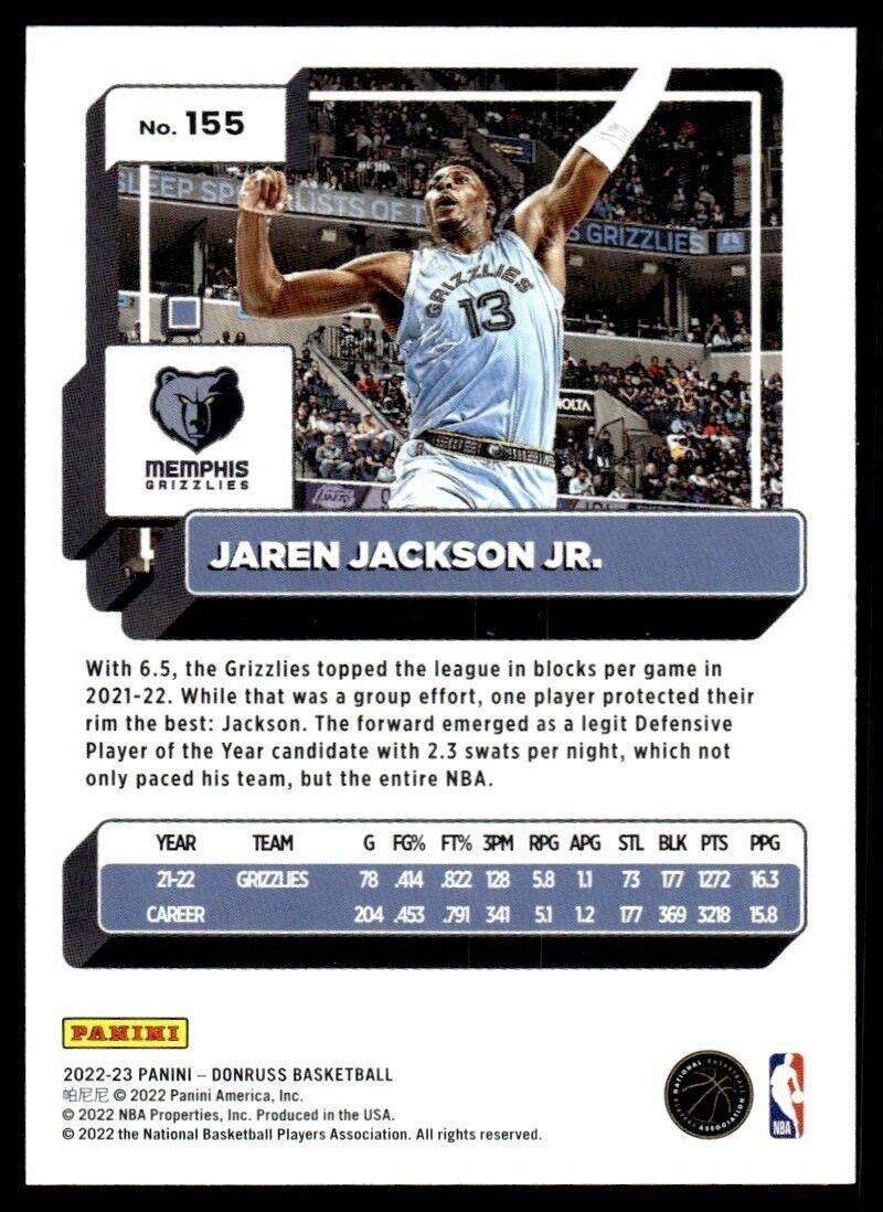 2022-23 Donruss Basketball Card Jaren Jackson Jr. B Memphis Grizzlies #155