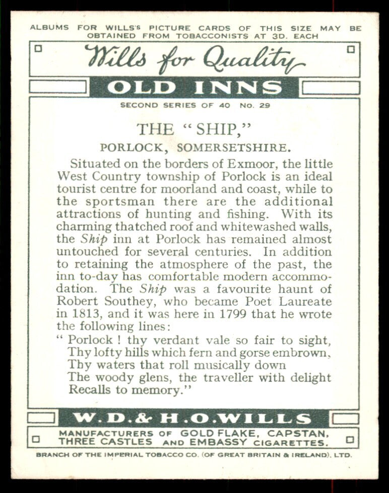 1939 Wills's Cigarettes Old Inns 2nd Series The Ship #29