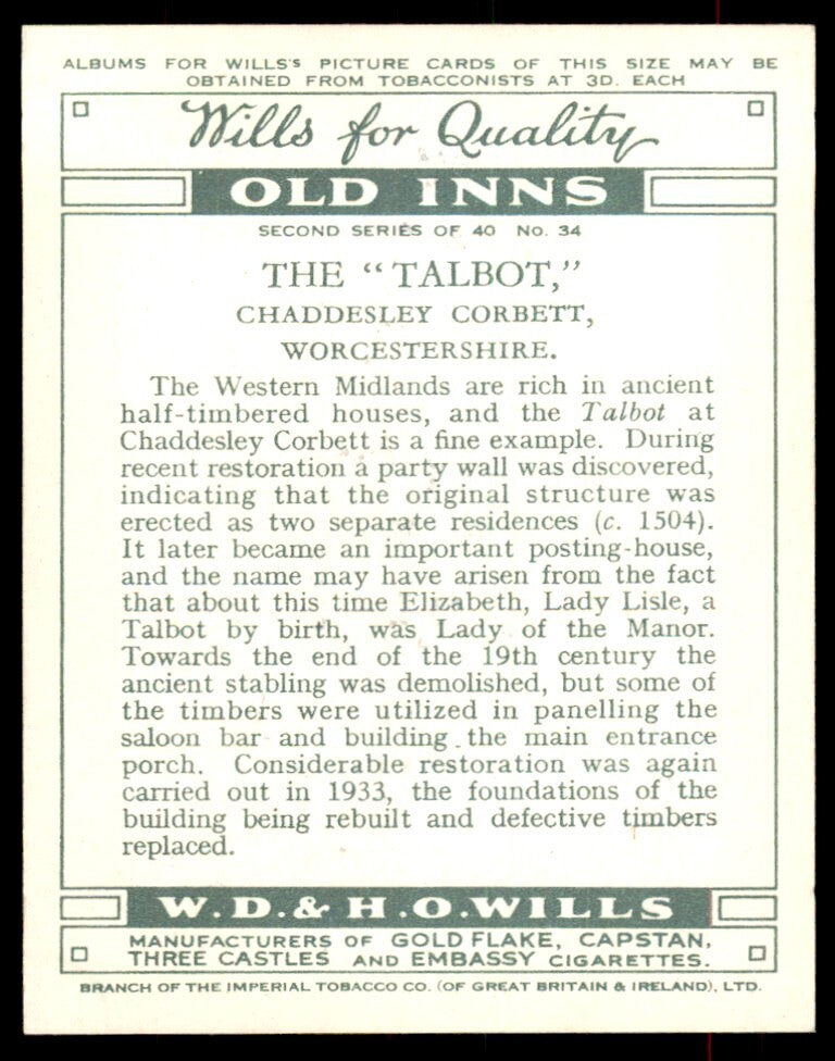 1939 Wills's Cigarettes Old Inns 2nd Series The Talbot #34