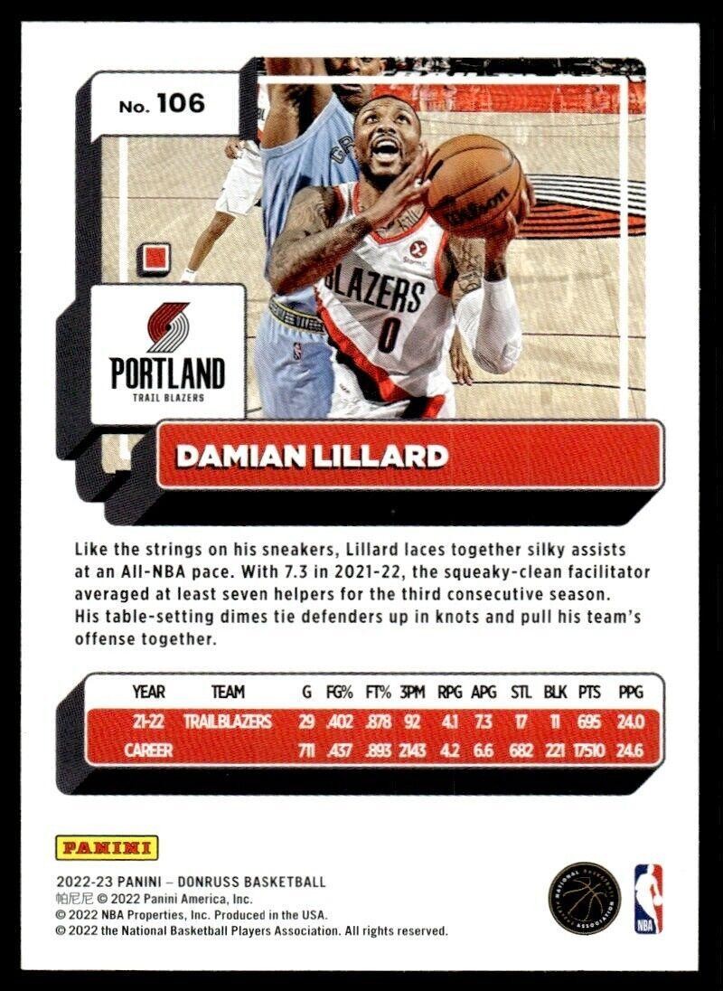 2022-23 Donruss Basketball Card Damian Lillard Portland Trail Blazers #106