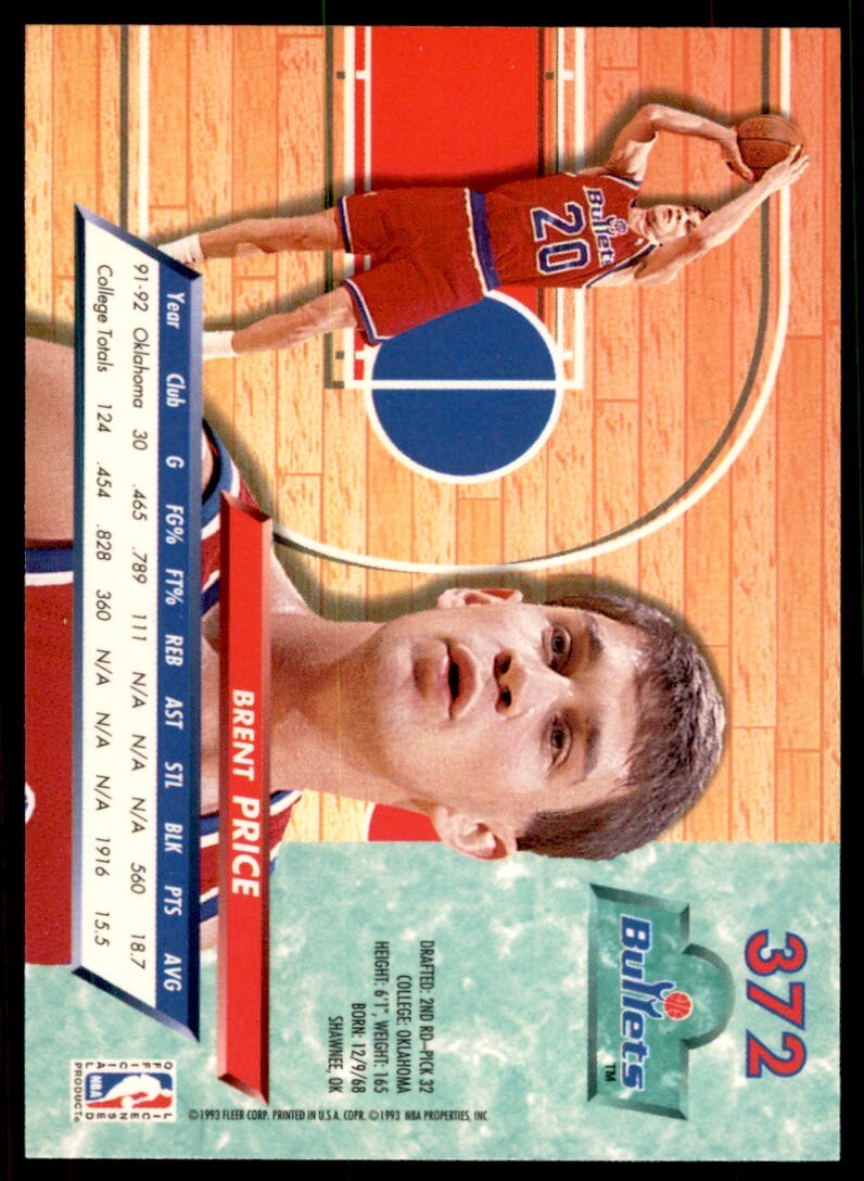 1992-93 Fleer Ultra. Brent Price Rookie A Basketball Cards. #372