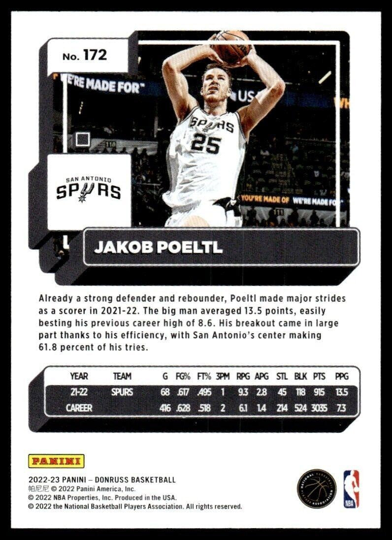2022-23 Donruss Basketball Card Jakob Poeltl AB San Antonio Spurs #172