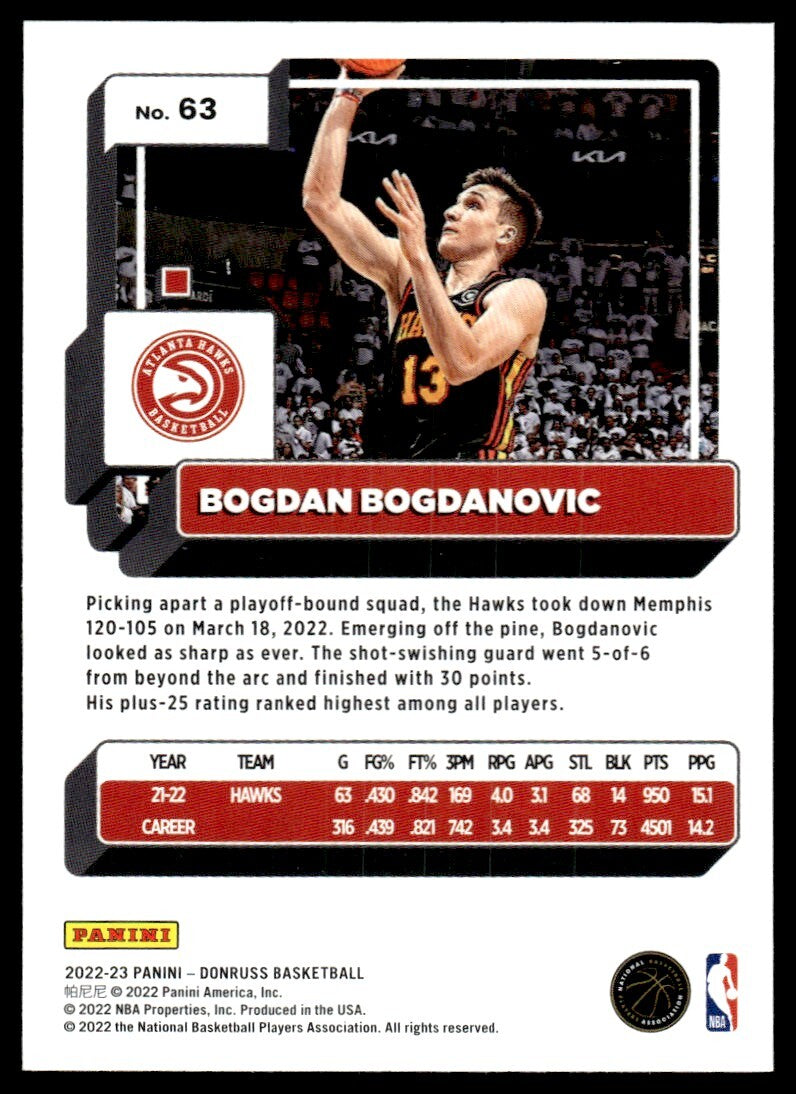 2022-23 Donruss Basketball Bogdan Bogdanovic B Atlanta Hawks #63