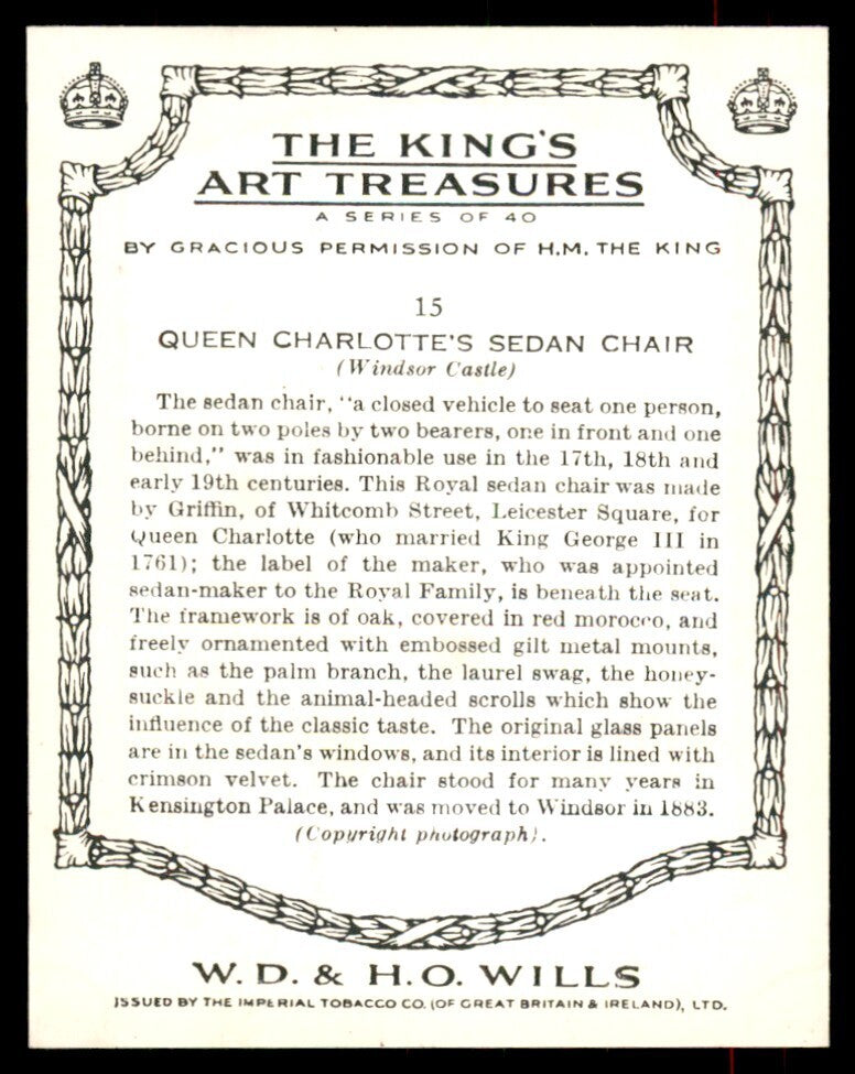 1938 Wills's Cigarettes King's Art Treasures Queen Charlotte's Sedan Chair #15