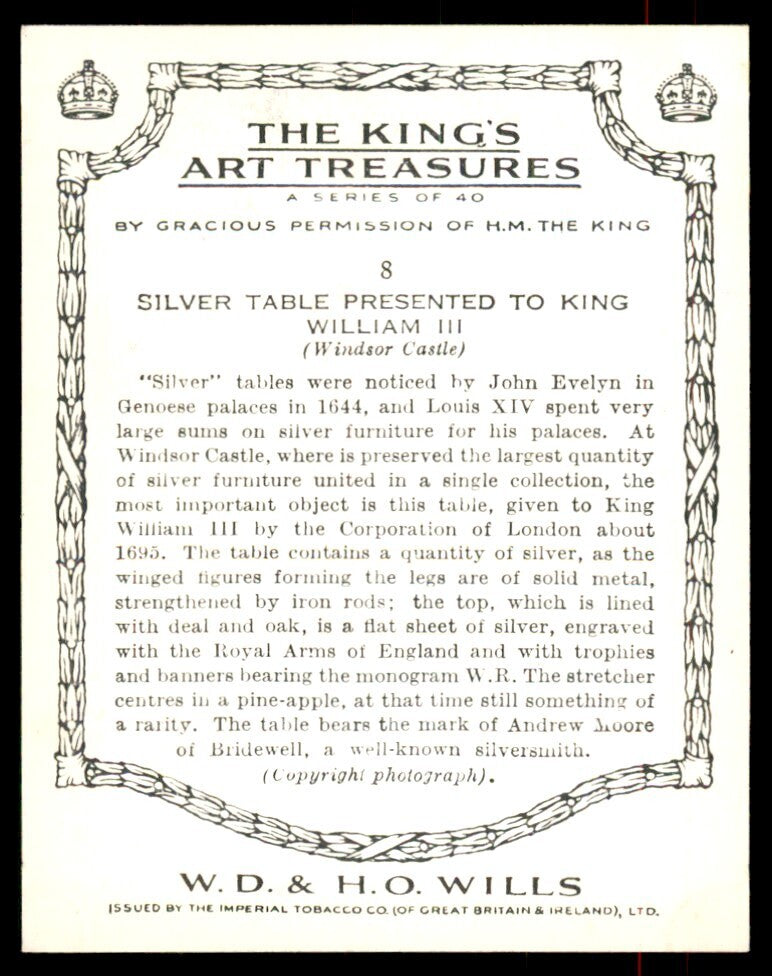 1938 Wills's Cigarettes King's Art Treasures Silver Table King William III #8