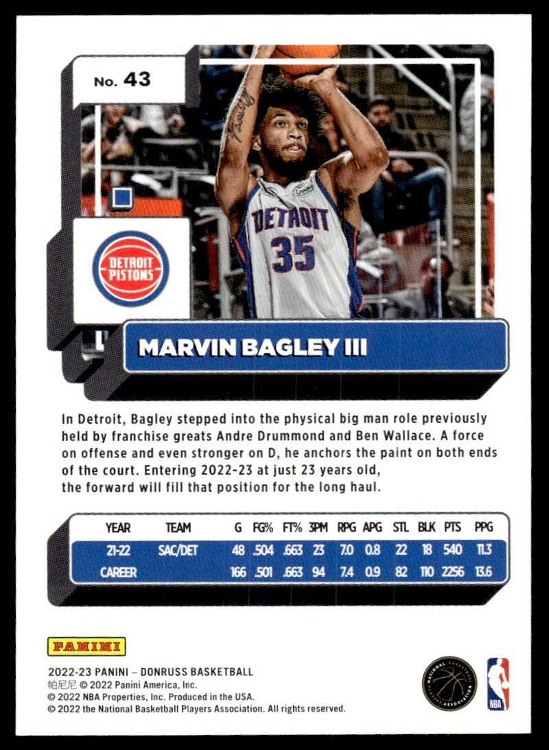 2022-23 Donruss Basketball Marvin Bagley III Detroit Pistons #43