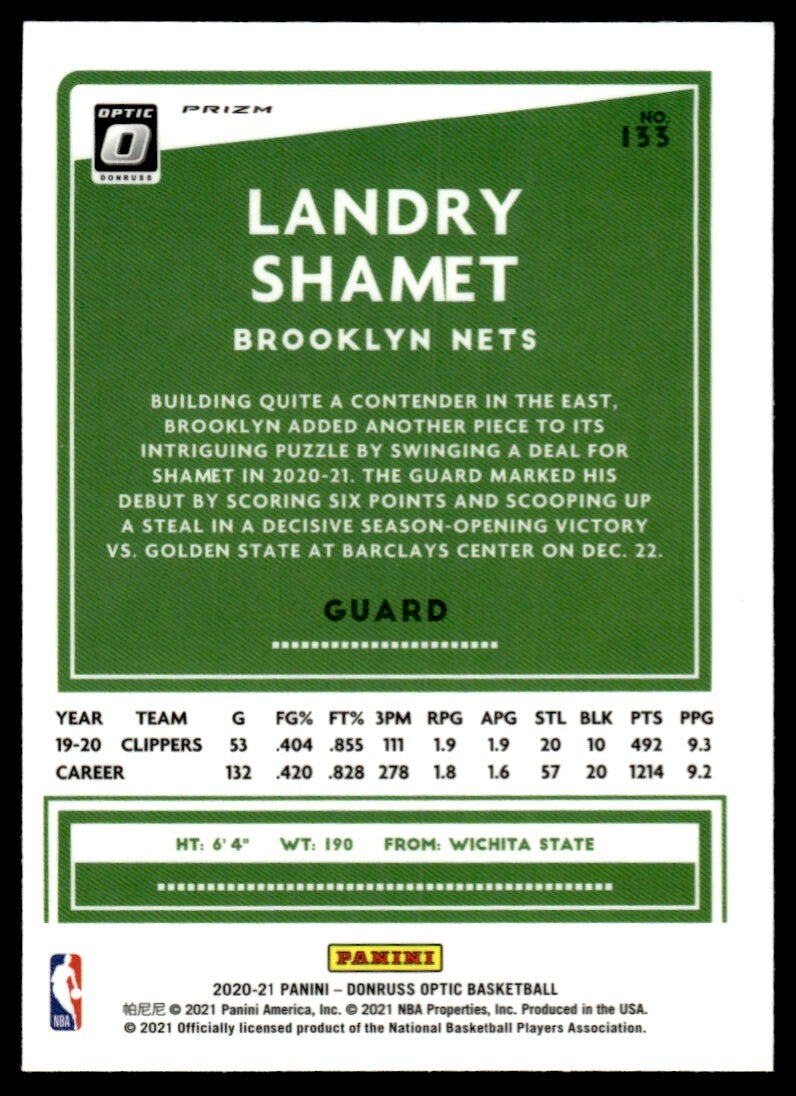 2020-21 Donruss Optic Basketball Card Landry Shamet Los Angeles Clippers #135