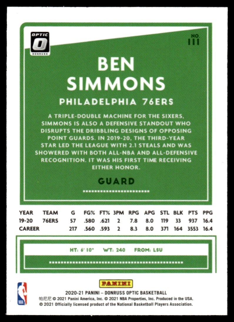 2020-21 Donruss Optic Basketball Card Ben Simmons Philadelphia 76ers #111