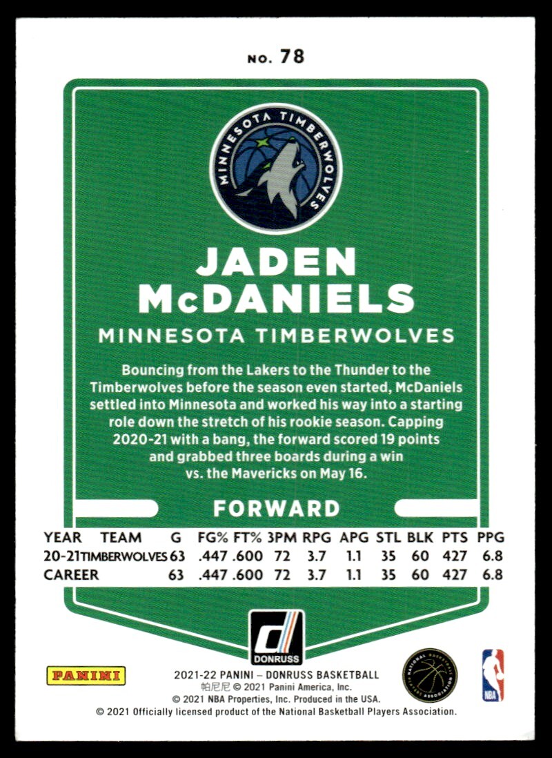2021-22 Donruss Basketball Card Jaden McDaniels Minnesota Timberwolves #78