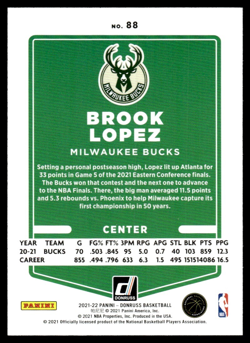 2021-22 Donruss Basketball Card Brook Lopez Milwaukee Bucks #88