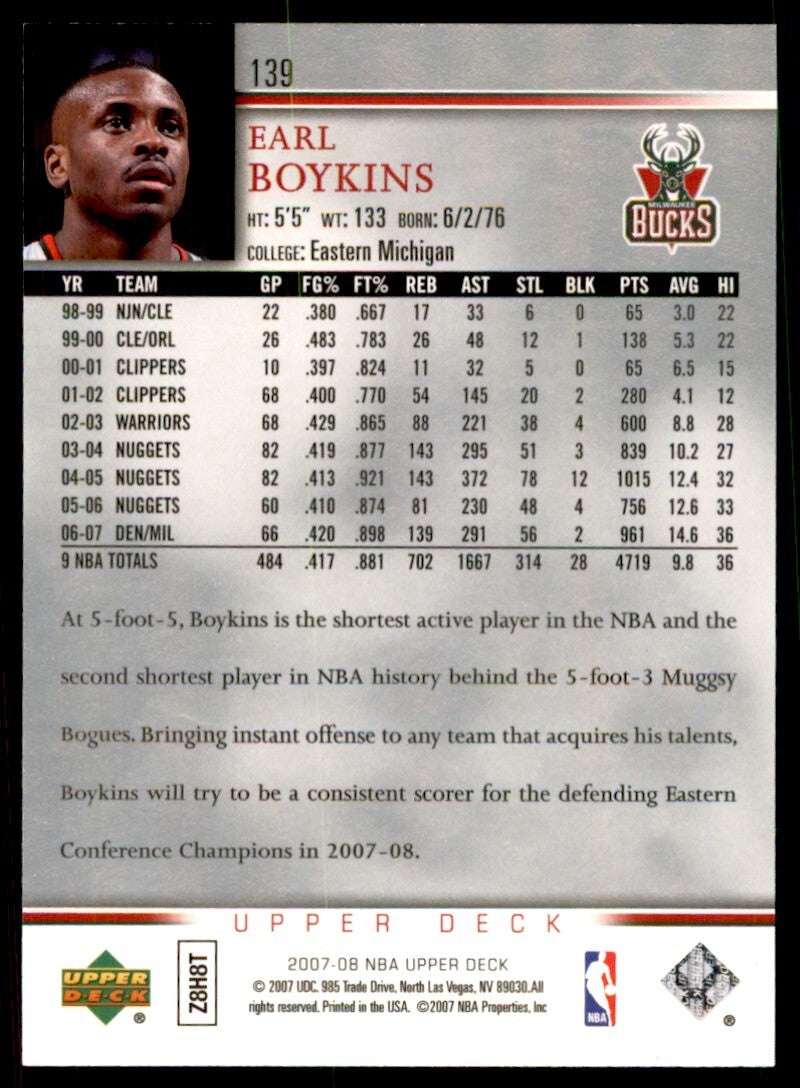 2007-08 Upper Deck Earl Boykins B Basketball Cards #139