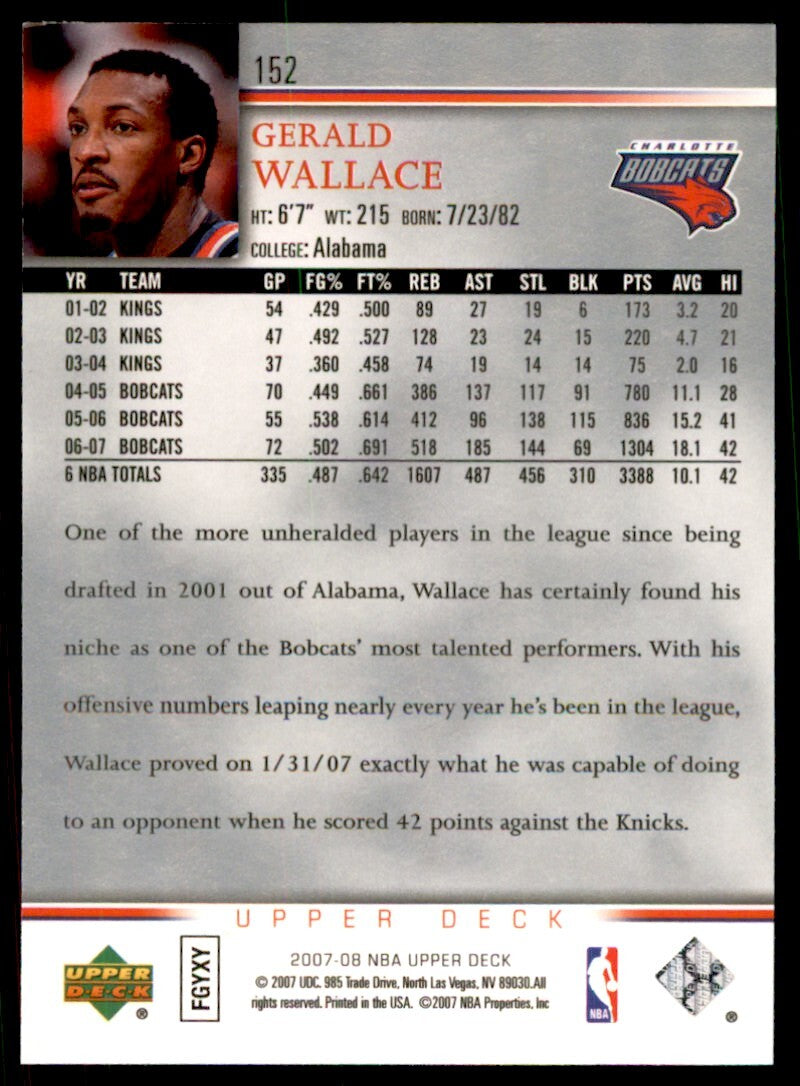2007-08 Upper Deck Gerald Wallace Basketball Cards #152
