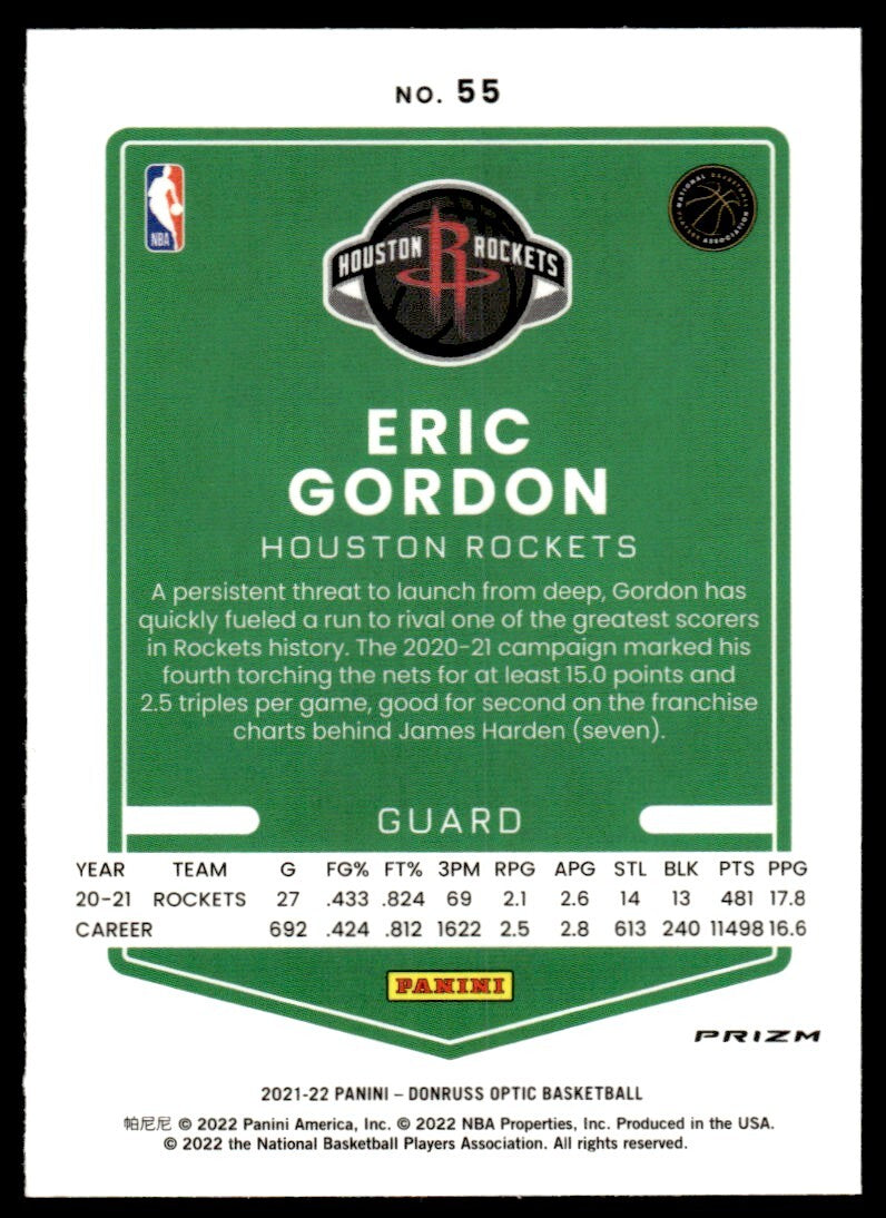 2021-22 Donruss Optic Basketball Card Eric Gordon Houston Rockets #55