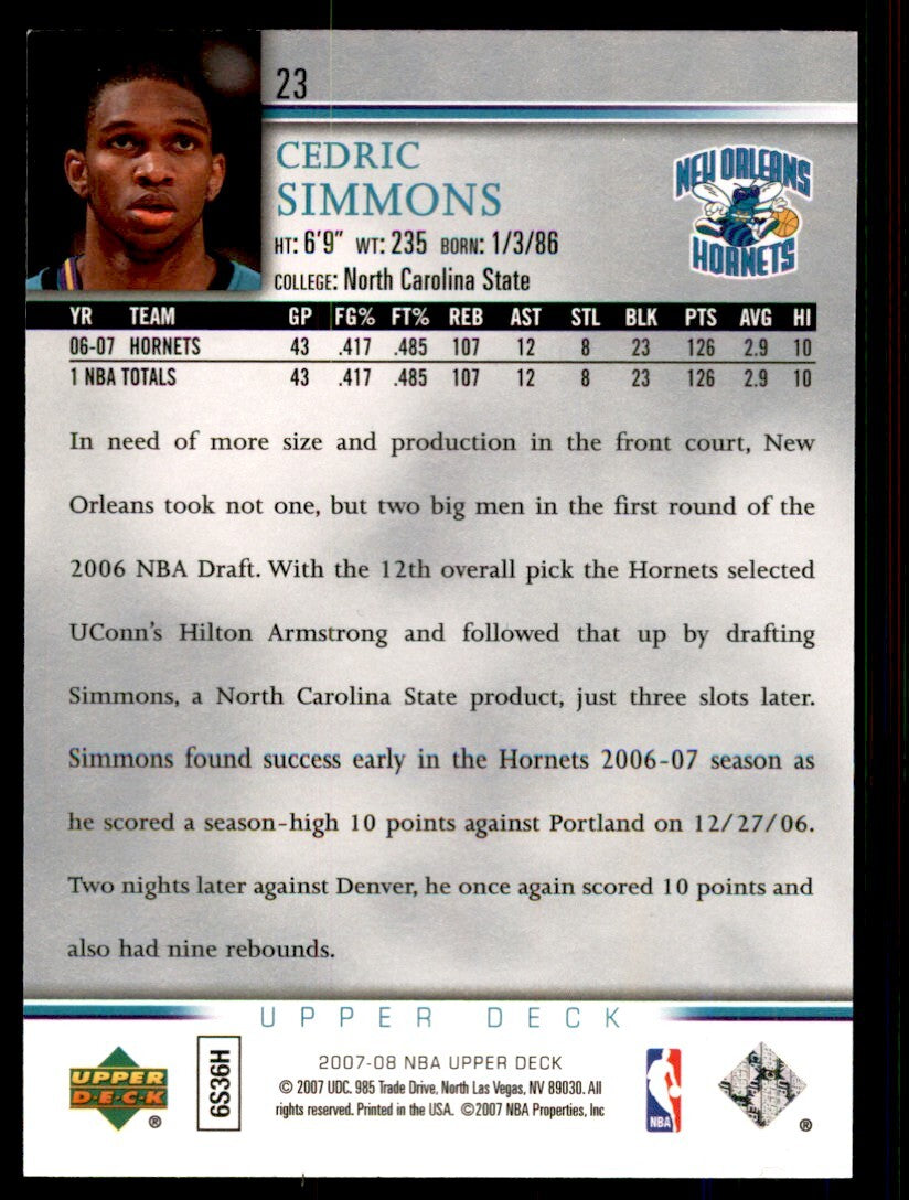 2007-08 Upper Deck. Cedric Simmons Basketball Cards #23