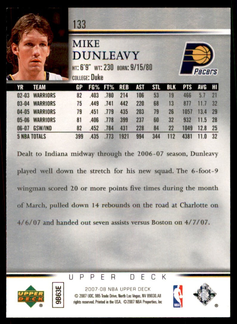 2007-08 Upper Deck. Mike Dunleavy Jr. Basketball Cards #133