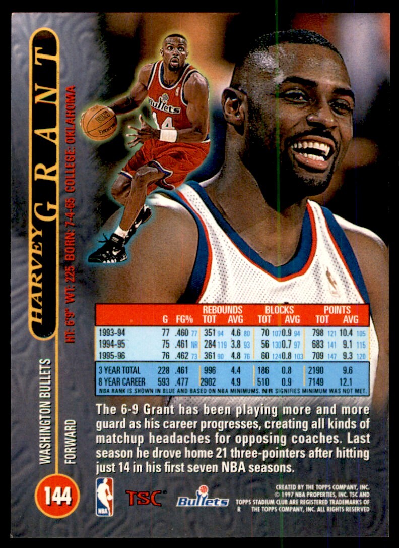 1996-97 Stadium Club Harvey Grant Basketball Cards #144