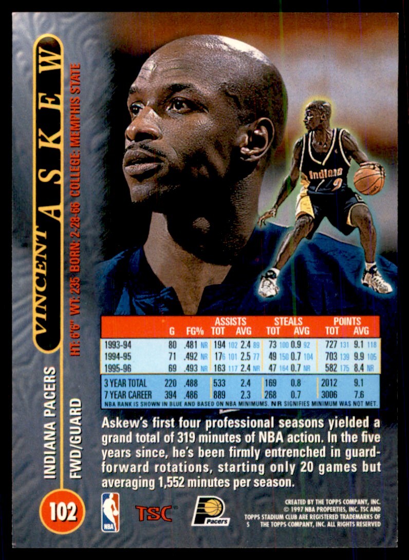 1996-97 Stadium Club Vincent Askew Basketball Cards #102
