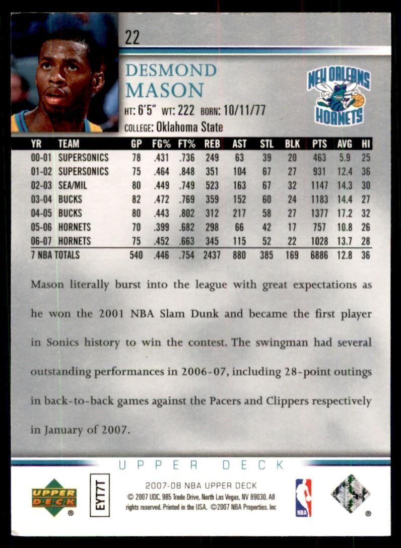 2007-08 Upper Deck; Desmond Mason Basketball Cards #22