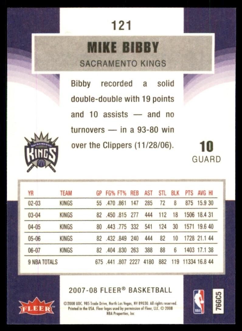 2007-08 Fleer Mike Bibby Basketball Cards #121