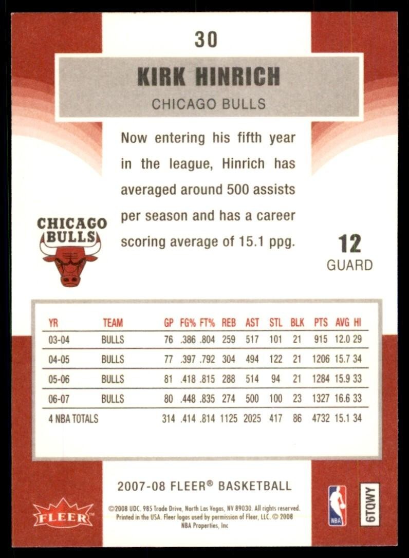 2007-08 Fleer Kirk Hinrich Basketball Cards #30