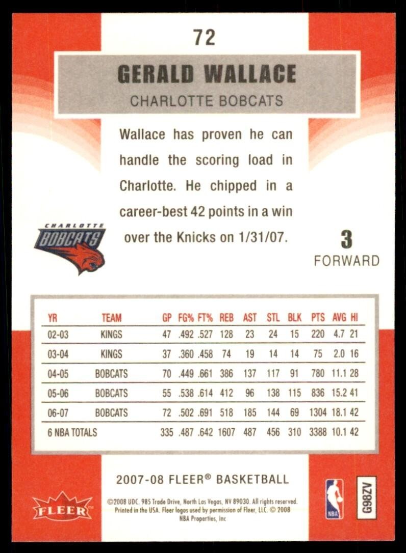 2007-08 Fleer Gerald Wallace Basketball Cards #72
