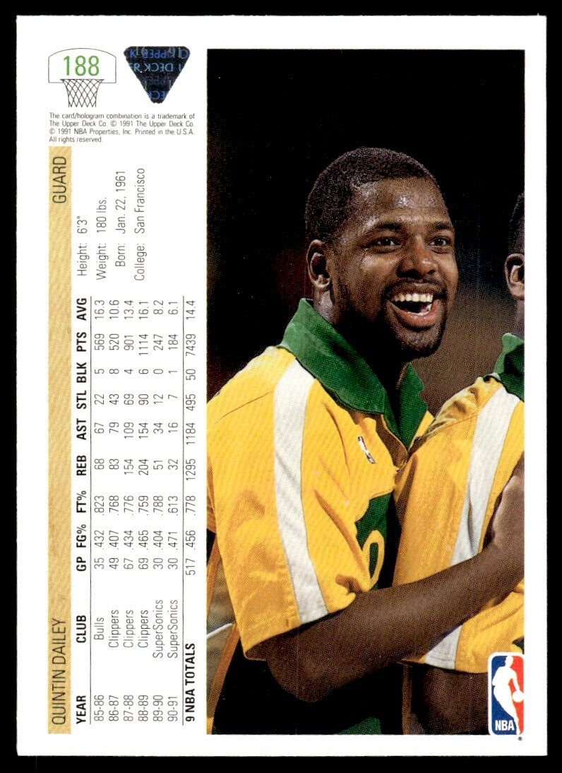 1991-92 Upper Deck Basketball Card Quintin Dailey Seattle SuperSonics #188
