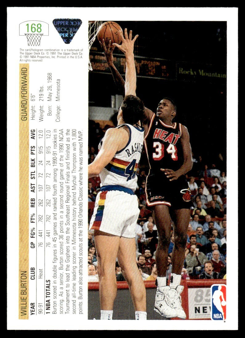 1991-92 Upper Deck Basketball Card Willie Burton Miami Heat #168