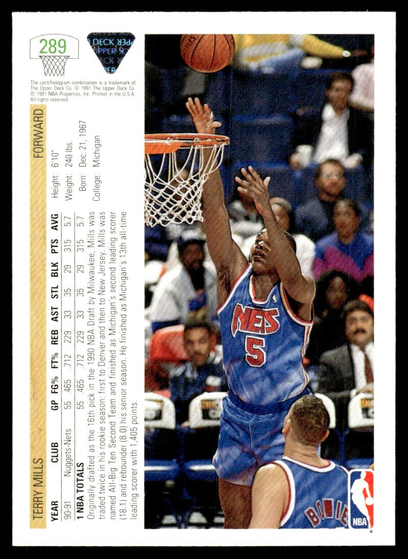 1991-92 Upper Deck Basketball Card Terry Mills New Jersey Nets #289