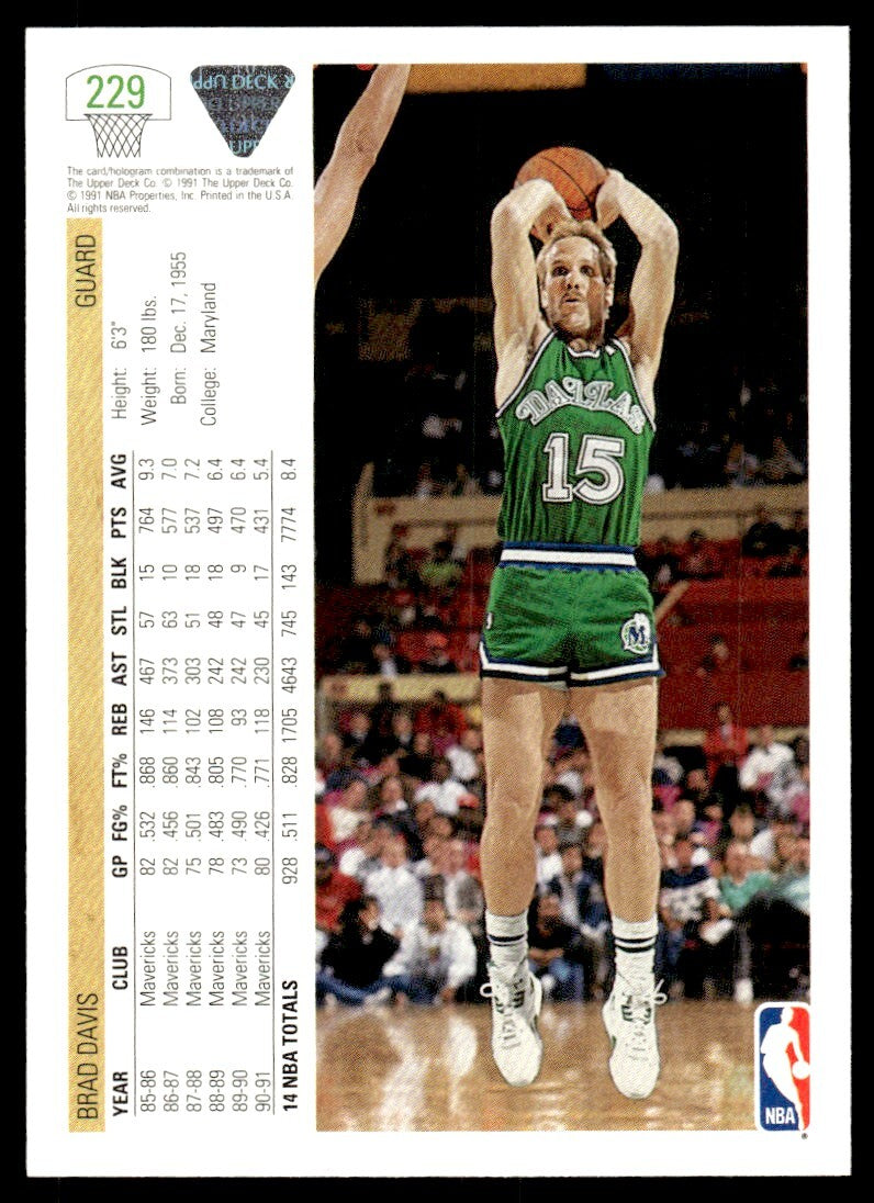1991-92 Upper Deck Basketball Card Brad Davis Dallas Mavericks #229