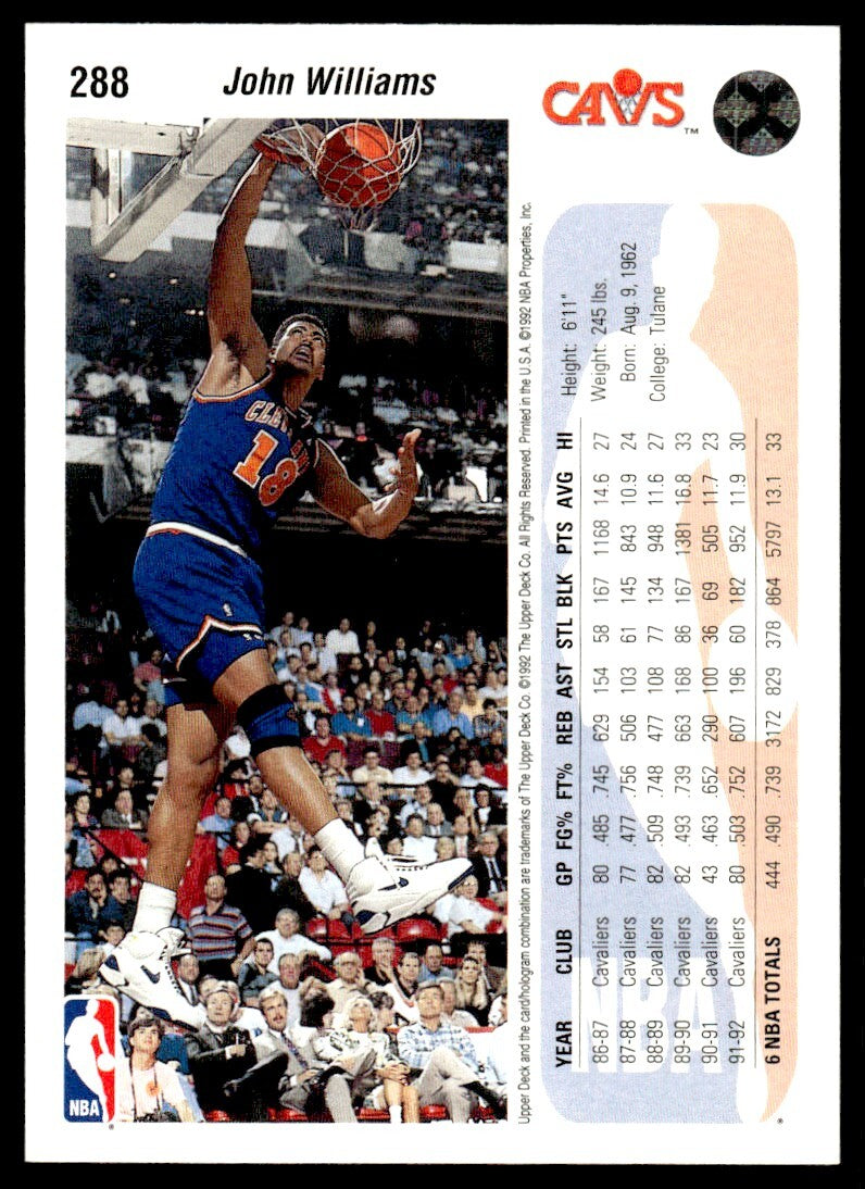 1992-93 Upper Deck Basketball Card John Williams Cleveland Cavaliers #288