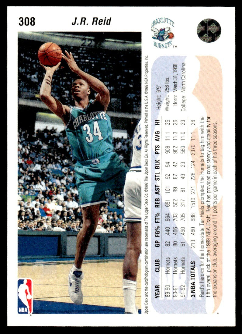 1992-93 Upper Deck Basketball Card J.R. Reid Charlotte Hornets #308