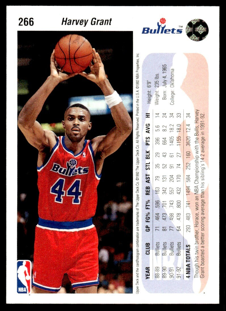 1992-93 Upper Deck Basketball Card Harvey Grant Washington Bullets #266