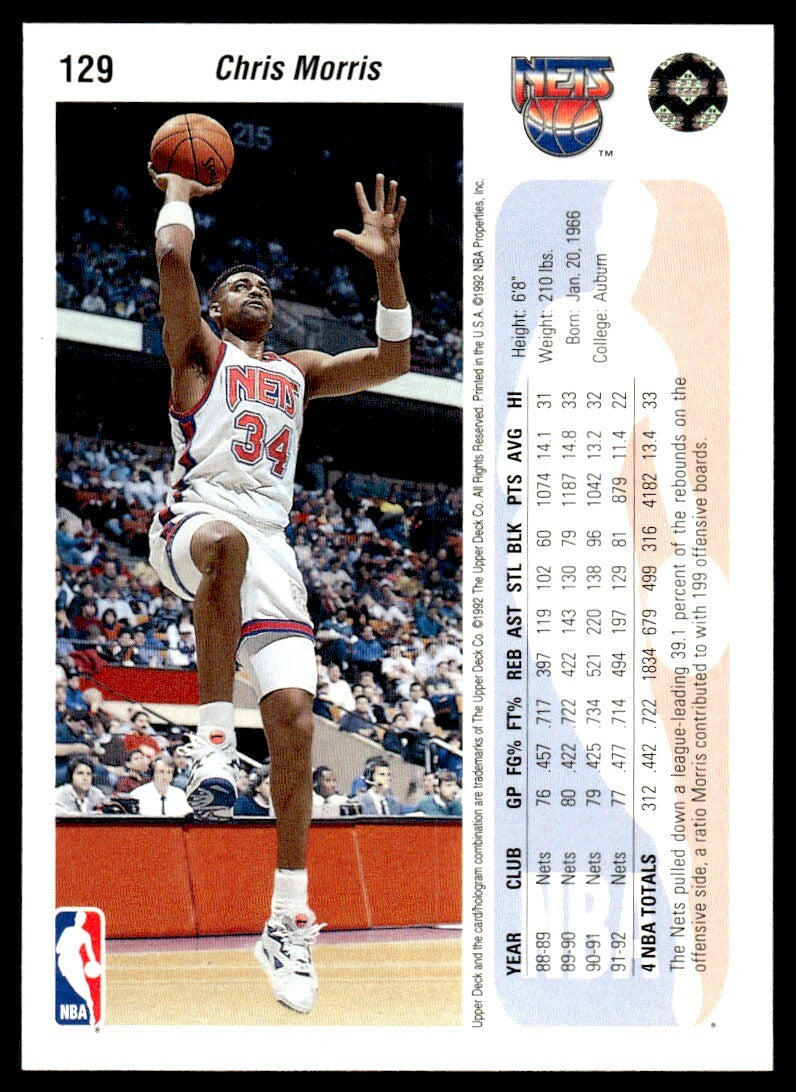 1992-93 Upper Deck Basketball Card Chris Morris New Jersey Nets #129