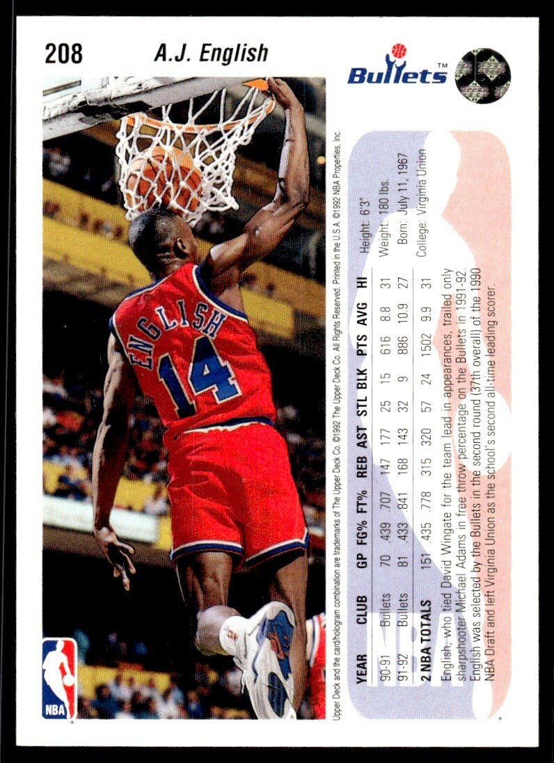 1992-93 Upper Deck Basketball Card A.J. English Washington Bullets #208