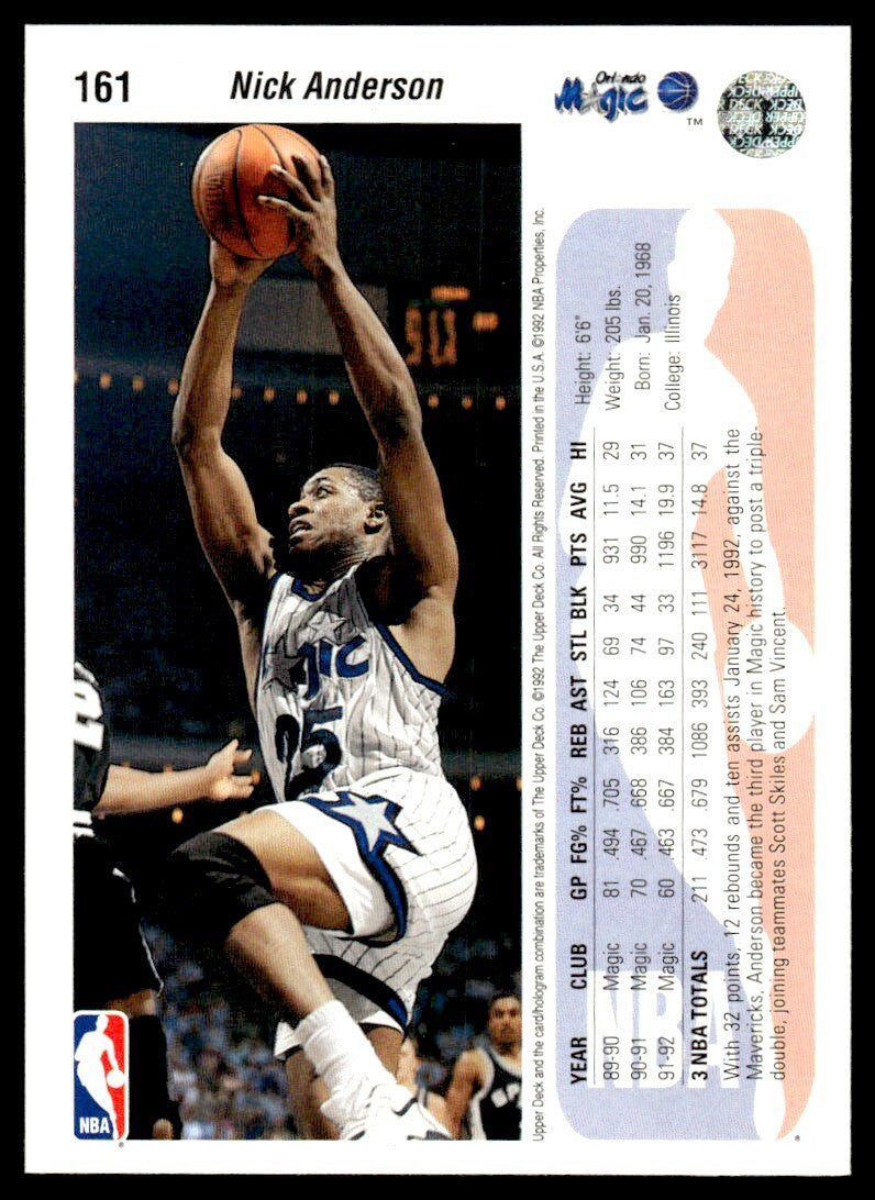 1992-93 Upper Deck Basketball Card Nick Anderson Orlando Magic #161