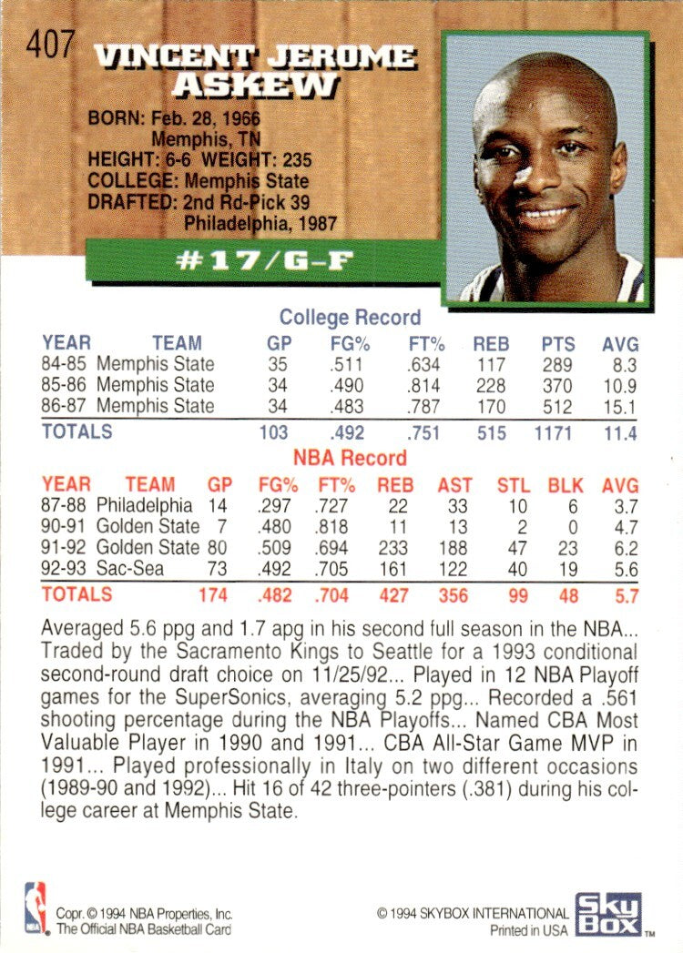 1993-94 NBA Hoops Basketball Card Vincent Askew Seattle SuperSonics #407