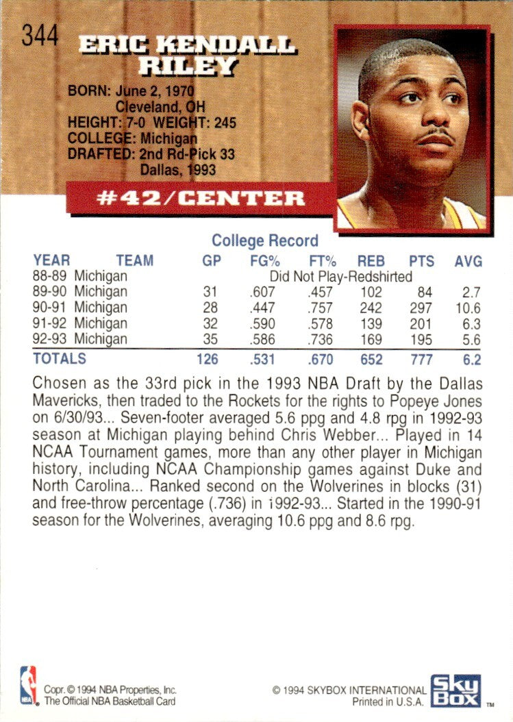 1993-94 NBA Hoops Basketball Card Eric Riley Houston Rockets #344