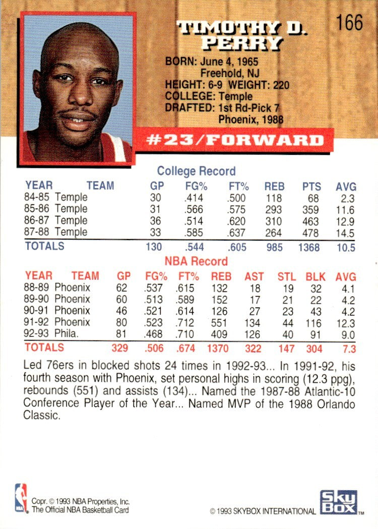 1993-94 NBA Hoops Basketball Card Tim Perry Philadelphia 76ers #166