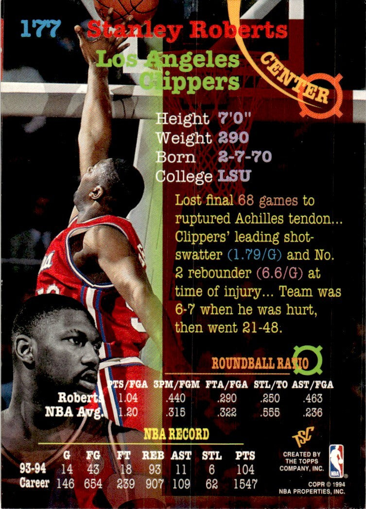 1994-95 Stadium Club Basketball Card Stanley Roberts Los Angeles Clippers #177