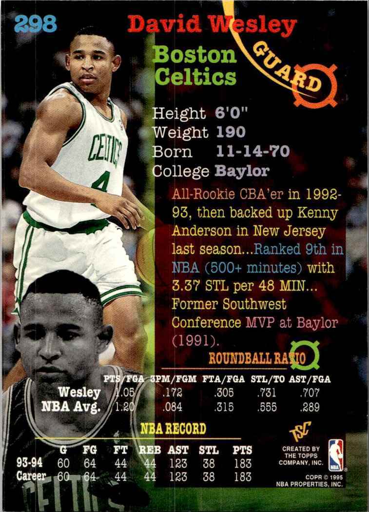 1994-95 Stadium Club Basketball Card David Wesley Boston Celtics #298