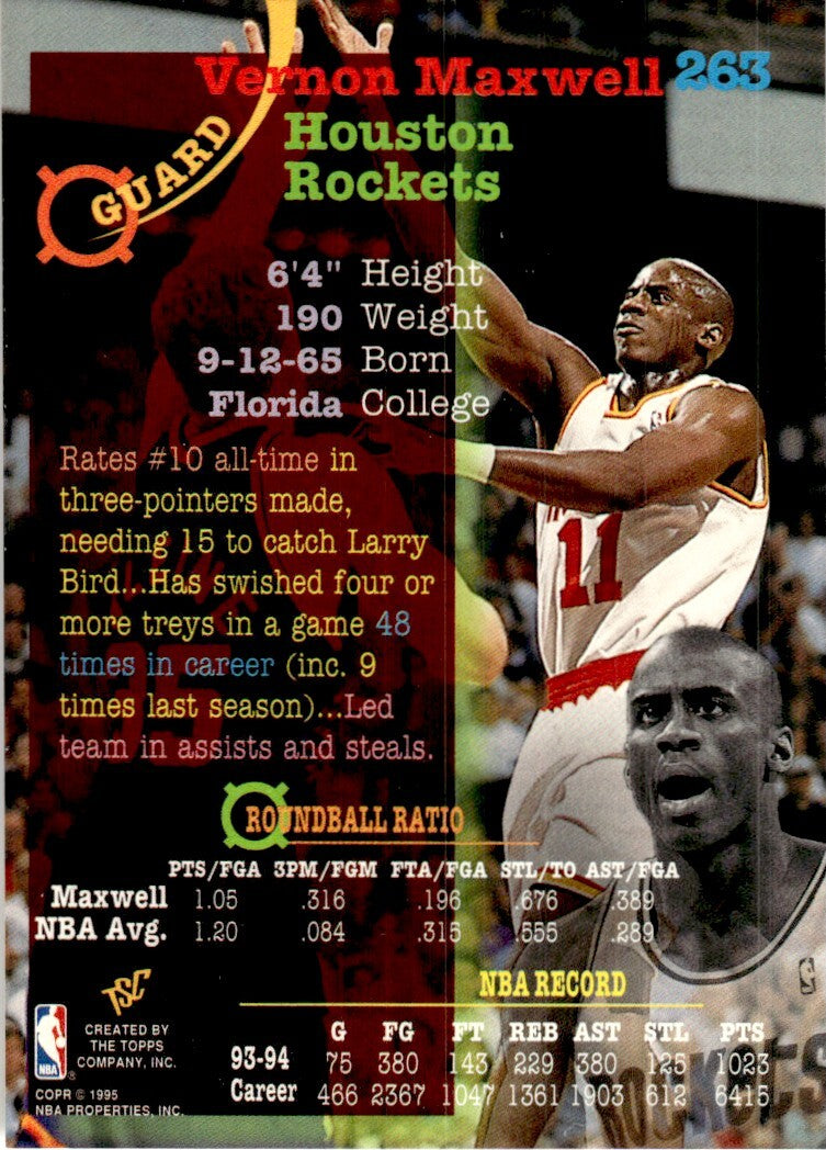 1994-95 Stadium Club Basketball Card Vernon Maxwell Houston Rockets #263